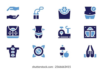 Wellness icon set. Bold style. Duotone colors. hands, yinyang, skippingrope, stationarybike, bodyscale, hotstones, thin, exercise.