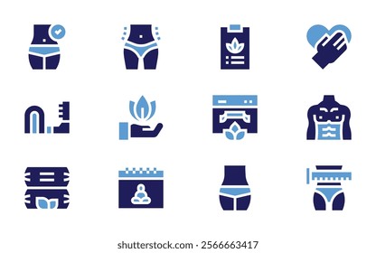 Wellness icon set. Bold style. Duotone colors. honest, man, celebration, lotus, tapemeasure, ladderbarrel, bolster, weightloss, slimbody, medicalreport.