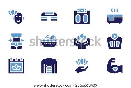 Wellness icon set. Bold style. Duotone colors. meditation, jacuzzi, weightloss, exercise, lotus, fitnessstep, weighingmachine, abs, calendar, slim, calm.