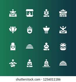 wellness icon set. Collection of 16 filled wellness icons included Bosu ball, Meditation, Botanical, Yoga, Nails, Caduceus, Buddhism, Lotus, Meditate, Well