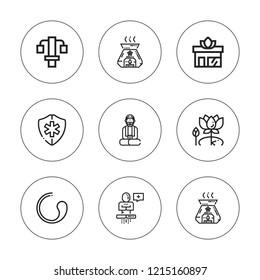 Wellness icon set. collection of 9 outline wellness icons with aromatherapy, medical symbol, meditation, lotus, gym station, transcendence, yoga icons. editable icons.