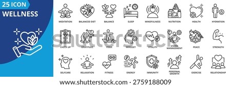 wellness icon set collection in outline style. icon pack contain health, balance, fitness, mindset, nutrition, relaxation, balanced diet, energy, check up, hydration icon