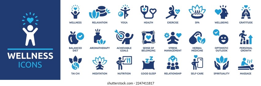 Wellness icon set. Containing massage, yoga, spa, relaxation, health, exercise, diet, wellbeing, meditation, aromatherapy and more. Solid icon collection. - Shutterstock ID 2247411817