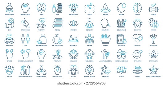 Conjunto de iconos de bienestar. Contiene Meditación, Mindfulness, Yoga, Spa, Relajación, Sueño, Naturaleza, Agua, Cerebro, Fitness, Gimnasio, Estiramiento, Icono de Terapia. Estilo de color de contorno