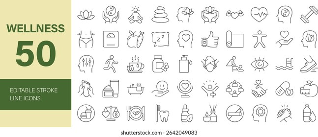 Wellness icon set. Containing mental health, healthcare, spa, medical, wellbeing, yoga, meditation, lifestyle, and more. Editable line icons. Vector illustration.	
 
