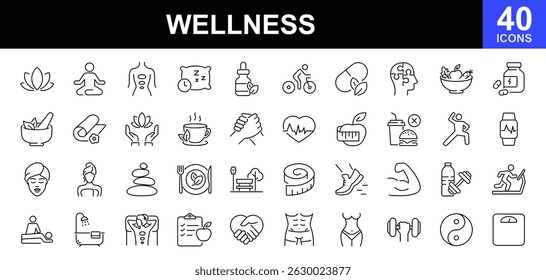 Wellness icon set. Contains such icons as massage, yoga, spa, healthcare, relaxation, health, exercise, diet, wellbeing, mental health, meditation, aromatherapy and more