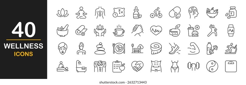 Wellness icon set. Contains such icons as massage, yoga, spa, healthcare, relaxation, health, exercise, diet, wellbeing, mental health, meditation, aromatherapy and more