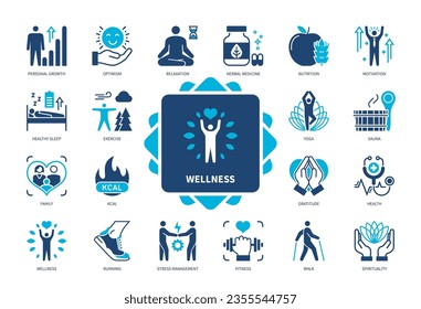 Conjunto de iconos de Wellness. Familia, Bienestar, Nutrición, Correr, Relajación, Crecimiento Personal, Yoga, Motivación. Iconos sólidos de color Duotone