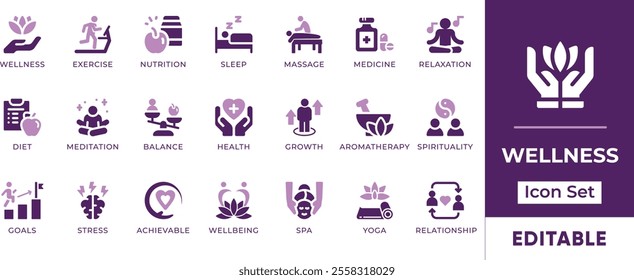 Wellness Icon Set. Features editable icons for wellness, health, fitness, mindfulness, relaxation, and more. Perfect for healthcare, wellness, and fitness businesses.