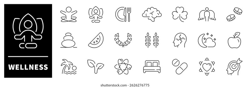 Wellness icon set. Wellness, mental health, spa, relaxation, health, exercise, diet, meditation, wellness related thin line icon collection. Editable stroke 