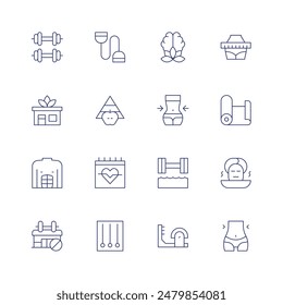 Conjunto de iconos de bienestar. Icono de línea fina. Trazo editable. Contiene abdominales, dieta equilibrada, centro, pesas, expansor, ritmo cardíaco, hidroterapia, equilibrio mental, delgado.