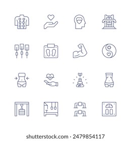 Conjunto de iconos de bienestar. Icono de línea fina. Trazo editable. Contiene acupuntura, dieta, electroterapia, corazón, amor, seguro médico, músculos, escala, crecimiento espiritual.