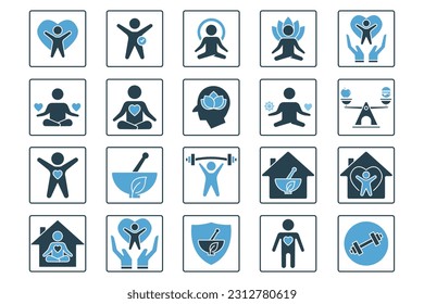 Wellness icon set. Yoga, fitness, spirit meditation, mental relaxation, stress management, self-care. Solid icon style design. Simple vector design editable