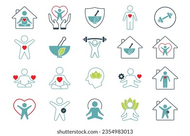 Wellness icon set. Yoga, fitness, spirit meditation, mental relaxation, stress management, self-care, and more. Duo tone colored style design. Simple vector design editable