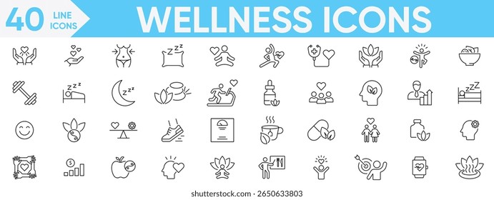 Wellness icon set.wellness, exercise, mental health, spa, wellbeing, stress management, healthcare, cosmetics, relaxation,, diet, meditation and more.Vector and illustrator set.