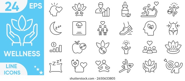 Wellness icon set.wellness, exercise, mental health, spa, wellbeing, stress management, healthcare, cosmetics, relaxation,, diet, meditation and more.Vector and illustrator set.