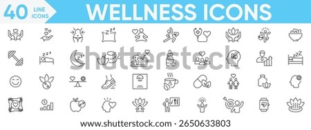 Wellness icon set.wellness, exercise, mental health, spa, wellbeing, stress management, healthcare, cosmetics, relaxation,, diet, meditation and more.Vector and illustrator set.