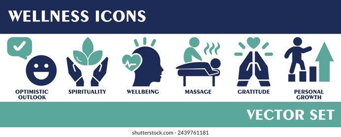 Wellness icons. Containing optimistic outlook, spirituality, wellbeing, massage, gratitude, personal growth. Solid icon. Vector set collection.