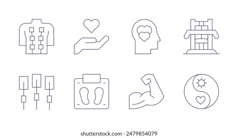 Wellness icons. Editable stroke. Containing acupuncture, electrotherapy, heart, love, muscles, scale, weightlifting, wellness.