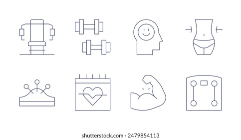 Wellness icons. Editable stroke. Containing acupuncture, dumbbells, gymstation, heartrate, muscle, positive, thin, weightscale.