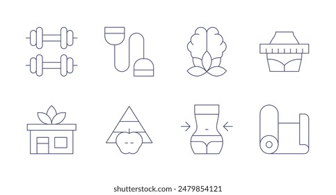 Wellness icons. Editable stroke. Containing balanceddiet, center, dumbbells, expander, mentalbalance, slim, waist, yogamat.