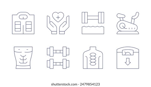 Wellness icons. Editable stroke. Containing abs, dumbbell, health, hotstones, hydrotherapy, scale, stationarybike, weightloss.