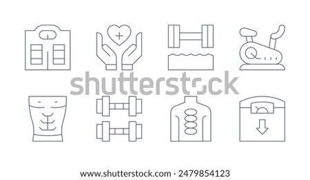 Wellness icons. Editable stroke. Containing abs, dumbbell, health, hotstones, hydrotherapy, scale, stationarybike, weightloss.