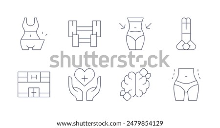 Wellness icons. Editable stroke. Containing barbell, diet, gym, healthcare, mindfulness, slimbody, weightloss, yogapose.