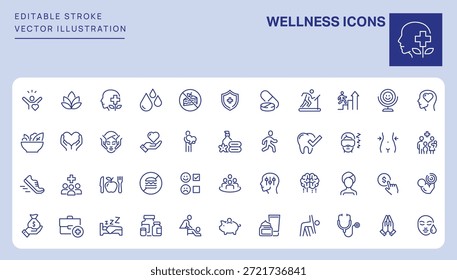 Wellness-Icons. Bearbeitbarer Strich. Satz von Symbolen für dünne Linien.