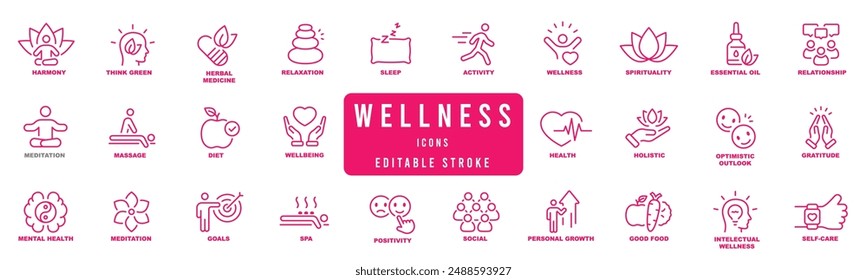 Wellness icons with editable strokes offer customizable designs for health and fitness graphics, ideal for versatile usage in digital and print media Customizable Wellness Icons with Editable Strokes 