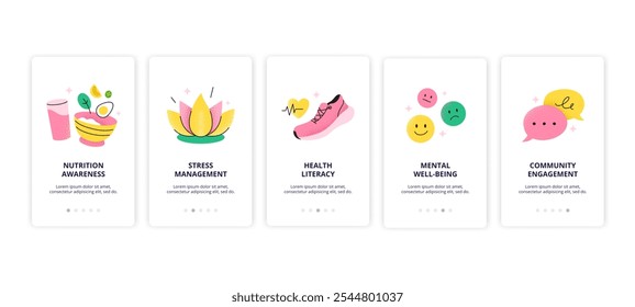 Wellness icons for nutrition, stress management, health, mental well-being, and social engagement. Various symbols of happiness and mindfulness. Vector flat illustrations.