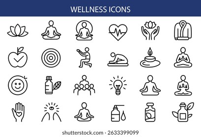 Wellness Icons Set – Health, Fitness, Self-Care, and Mental Wellbeing Vector Symbols.