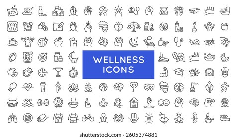 Wellness icons set. Large set of 110 Wellness, mental health trendy minimal icons. Sport, Psychology, Yoga icon. Icons design for web page, mobile app, packaging design. Vector illustration