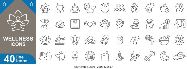 Wellness icons set. Meditation,
healthy eating, exercise, sleep, hydration, mental health, yoga, aromatherapy, heart health, care and more. vector illustrator