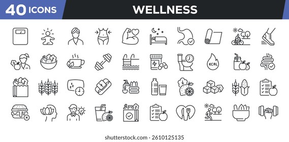 Wellness icons set. Web line icons collection related fitness, gym, healthy lifestyle. Perfect pixel vector illustration isolated on white background.