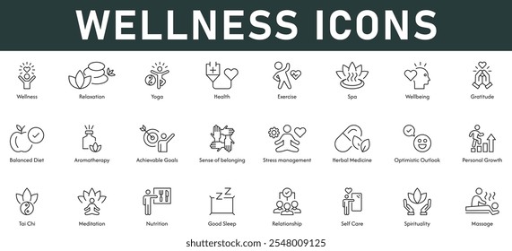 Wellness Icons Ilustración vectorial con trazo editable de línea delgada contiene relajación yoga salud spa bienestar gratitud meta alcanzable medicina herbaria crecimiento personal meditación nutrición