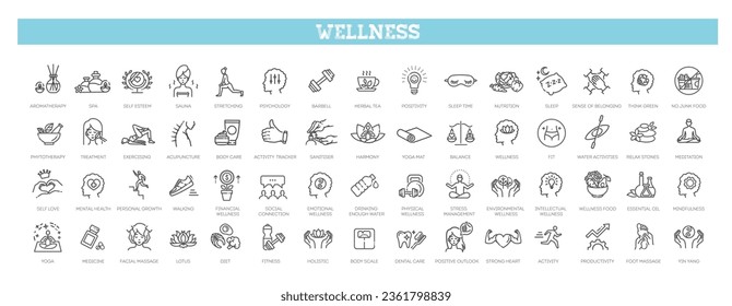 Wellness icons. Wellbeing, mental health, healthcare, cosmetics, spa, medical