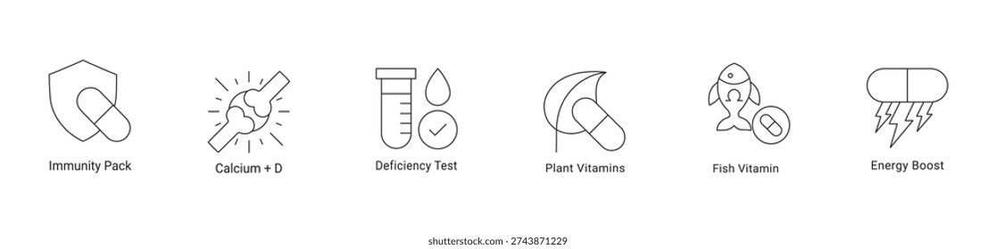 Wellness and Immunity Vector Icon Set – Immunity Pack, Calcium Plus D, Deficiency Test, Plant and Fish Vitamins, Energy Boost Symbols, Line and Solid Modern Vector Illustration for Healthcare, Nutriti