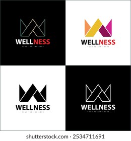 carta de bem-estar w modelo de design de conjunto de logotipo de luxo forma coroa moderna inicial