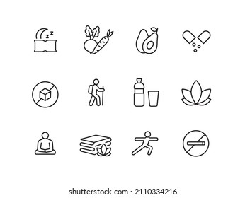 Wellness Life, Healthy Life, Water, Spa, Good Sleep, Exercise, Immune, System Boosters ,plant Foods, Meditation, No Sugar, No Smoke, Vitamins Simple Thin Line Icon Set Vector Illustration