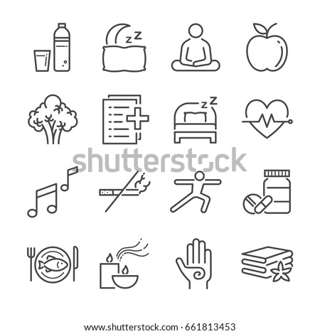 Wellness life line icon set. Included the icons as water, spa, good sleep, exercise, mental health and more.
