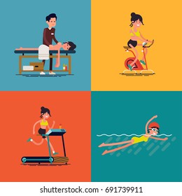 Wellness lifestyle, flat design, vector. Woman enjoys healthy active life having massage, doing fitness, jogging, cycling and swimming