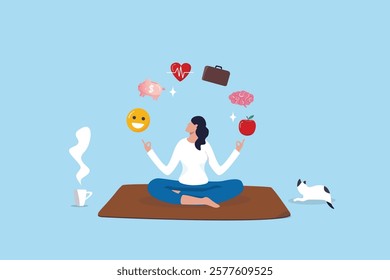 Wellness, lifestyle wellbeing, relaxation to balance happiness, mindfulness mental health, vitality or zen-like health nutrition, meditation concept, calmness woman meditate health wellness elements.