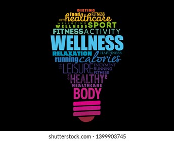Wellness light bulb word cloud collage, health concept background