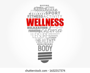 Wellness light bulb word cloud collage, health concept background