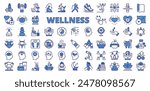 Wellness, in line design, blue. Wellness, health, relaxation, mindfulness, meditation, yoga, fitness on white background vector. Wellness editable stroke icons.