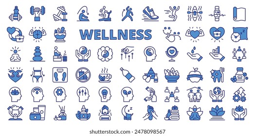 Wellness, in line design, blue. Wellness, health, relaxation, mindfulness, meditation, yoga, fitness on white background vector. Wellness editable stroke icons.