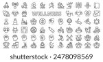 Wellness, in line design. Wellness, health, relaxation, mindfulness, meditation, yoga, fitness on white background vector. Wellness editable stroke icons.