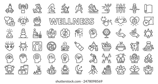 Wellness, in line design. Wellness, health, relaxation, mindfulness, meditation, yoga, fitness on white background vector. Wellness editable stroke icons.