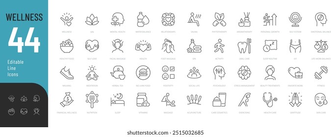 Conjunto de iconos editables de la línea de bienestar. Ilustración vectorial en línea delgada estilo moderno de iconos relacionados con la salud mental a distancia: equilibrio entre el trabajo y la vida privada, amor propio, meditación y más. Aislado en blanco